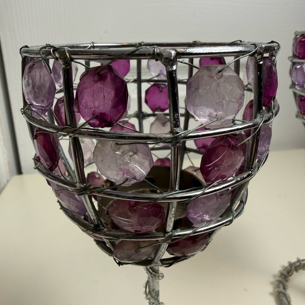 Set of 2 Purple Crystal Beaded Candle Holders Glam Decor - Picture 8 of 16